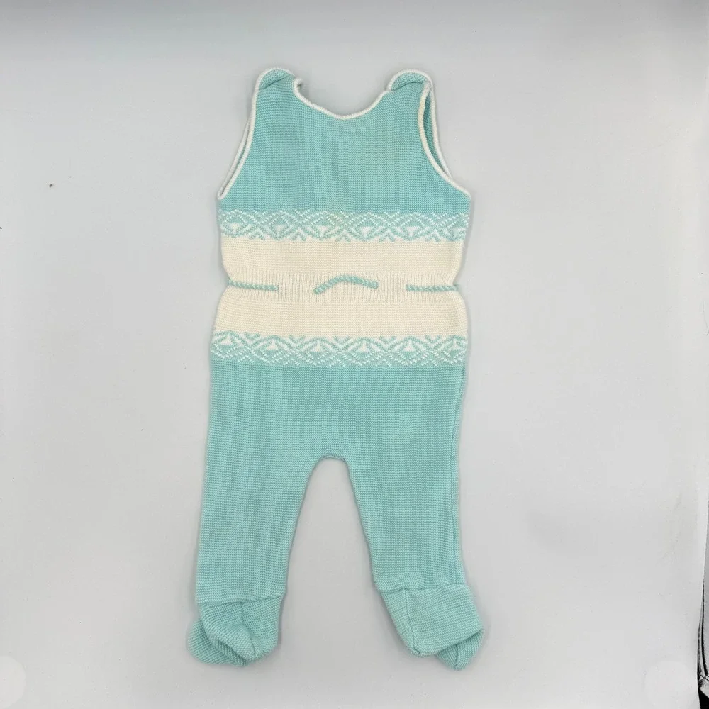 Vtg 70-80s Friedknit Creations Baby Romper 6–12M Turquoise Knit Footed One-Piece